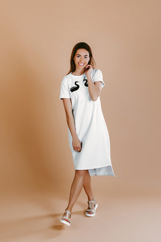 White viscose Dress with Swans embroidery