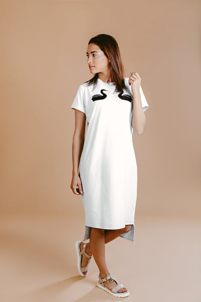 White viscose Dress with Swans embroidery