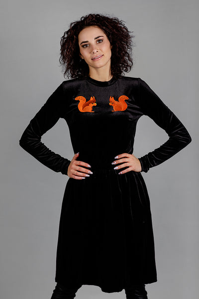 Velvet Dress with Squirrels / Black