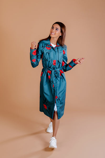 Gray - Green Sosftshell raincoat with Red Flower Print / Long skirt