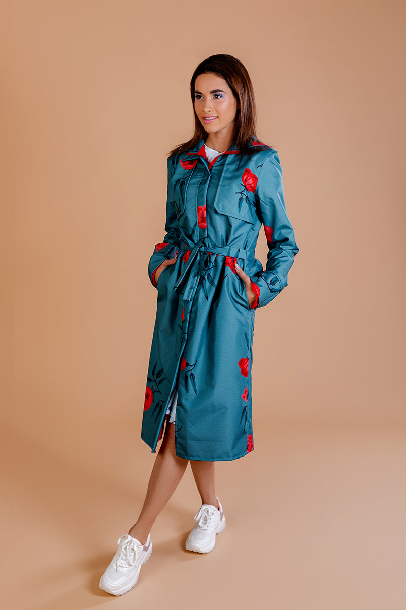 Gray - Green Sosftshell raincoat with Red Flower Print / Long skirt