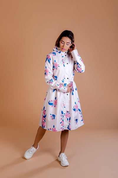 Beige raincoat with Apple Blossoms print / Dress cut