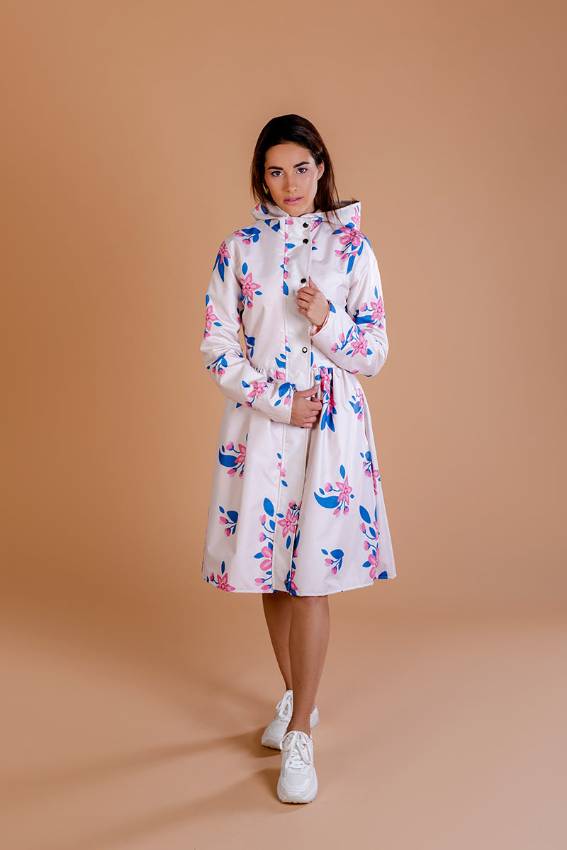 Beige raincoat with Apple Blossoms print / Dress cut