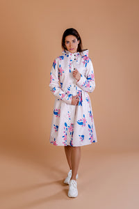 Beige raincoat with Apple Blossoms print / Dress cut