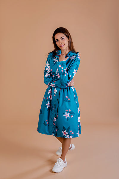 Teal raincoat with Apple Blossoms print