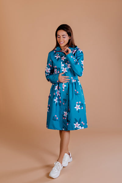 Teal raincoat with Apple Blossoms print