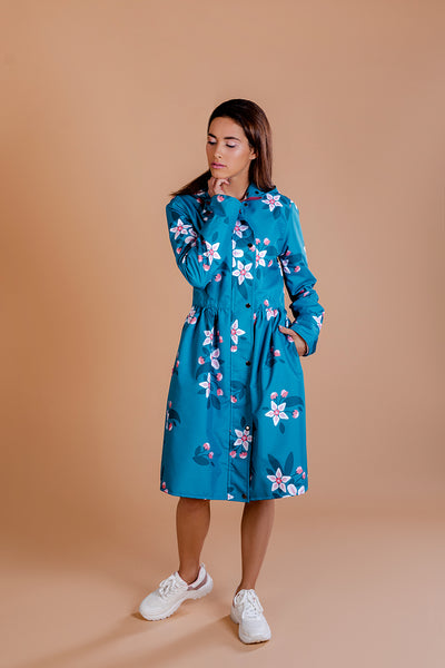 Teal raincoat with Apple Blossoms print