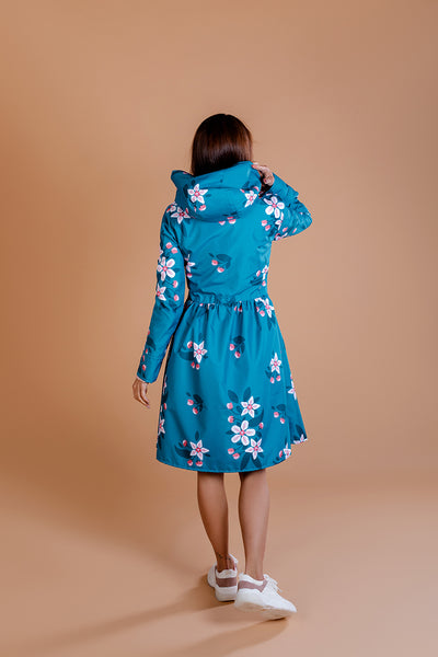 Teal raincoat with Apple Blossoms print