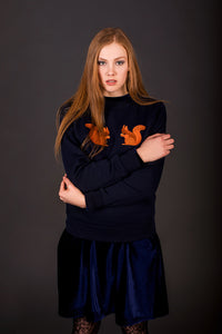 Dark Blue Sweater with Red Squirrels embroidery