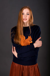 Dark Blue Sweater with Red Squirrel embroidery