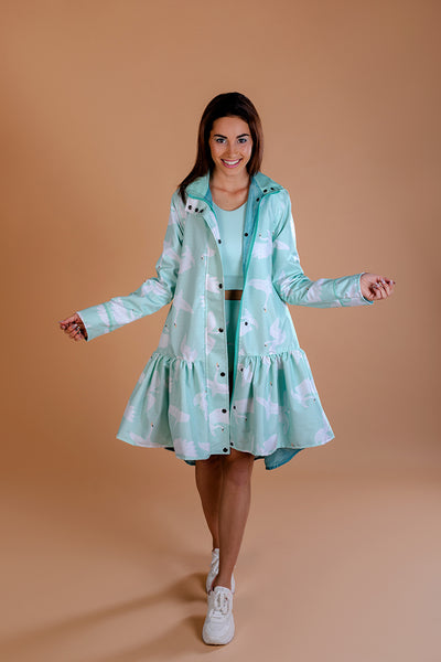 Mint Green raincoat with Swans print / Trapeze