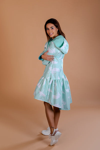 Mint Green raincoat with Swans print / Trapeze