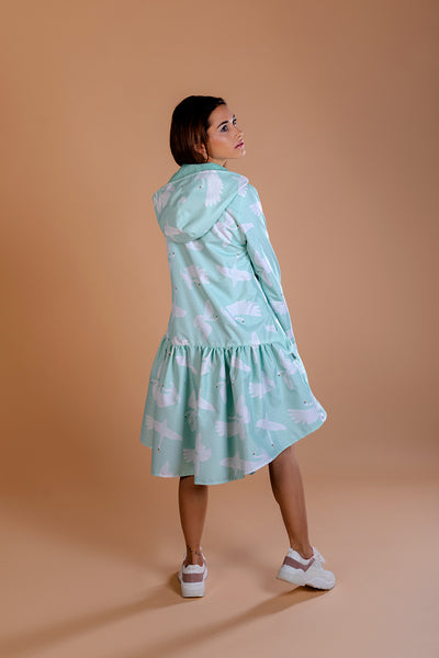 Mint Green raincoat with Swans print / Trapeze