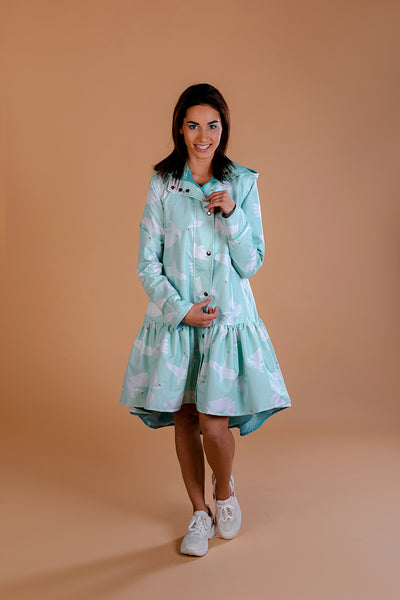 Mint Green raincoat with Swans print / Trapeze