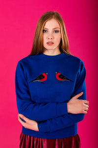 Royal Blue Sweater with Bullfinches embroidery