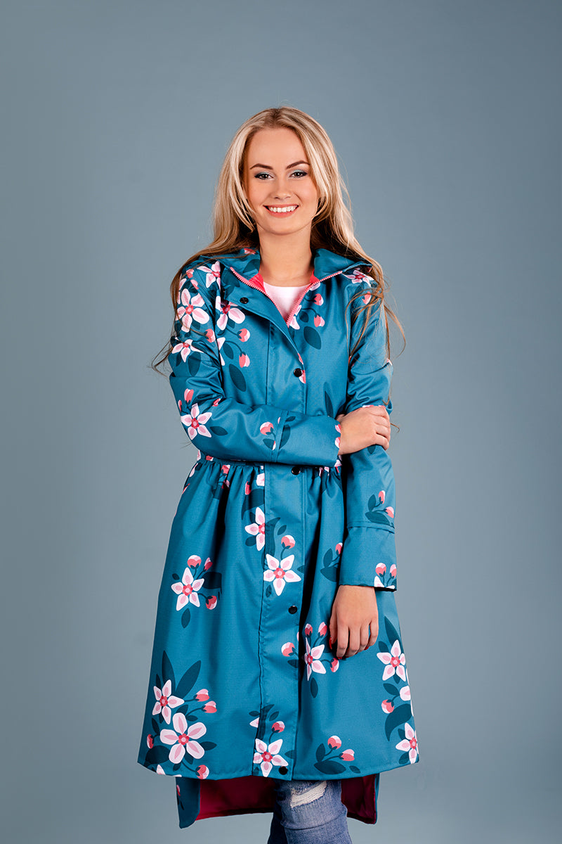 Teal raincoat with Apple Blossoms print / Tale