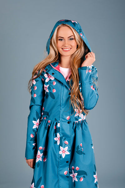 Teal raincoat with Apple Blossoms print / Tale