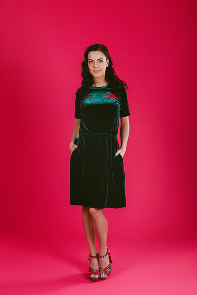 Dark Green Dress with Peonies