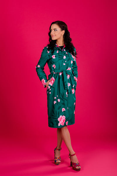 Dark Green raincoat with Peonies print / Long skirt