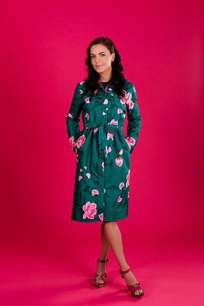 Dark Green raincoat with Peonies print / Long skirt