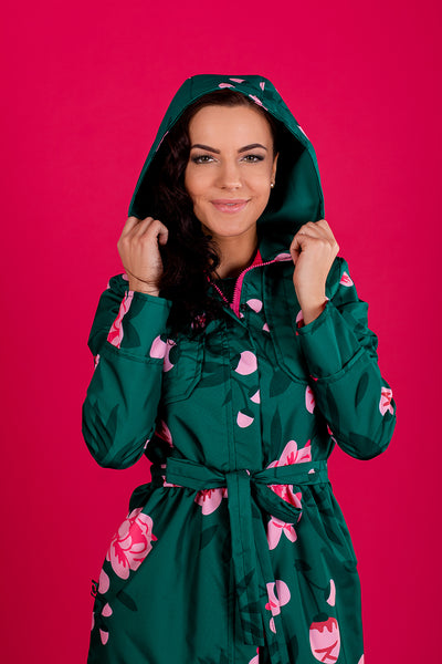 Dark Green raincoat with Peonies print / Long skirt