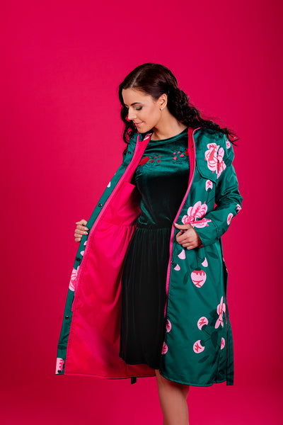 Dark Green raincoat with Peonies print / Long skirt