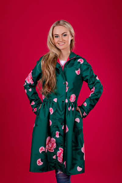 Dark Green raincoat with Peonies print / Dress cut