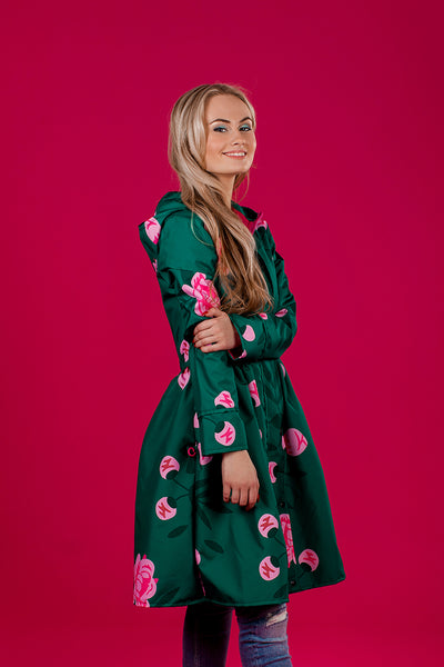 Dark Green raincoat with Peonies print / Dress cut