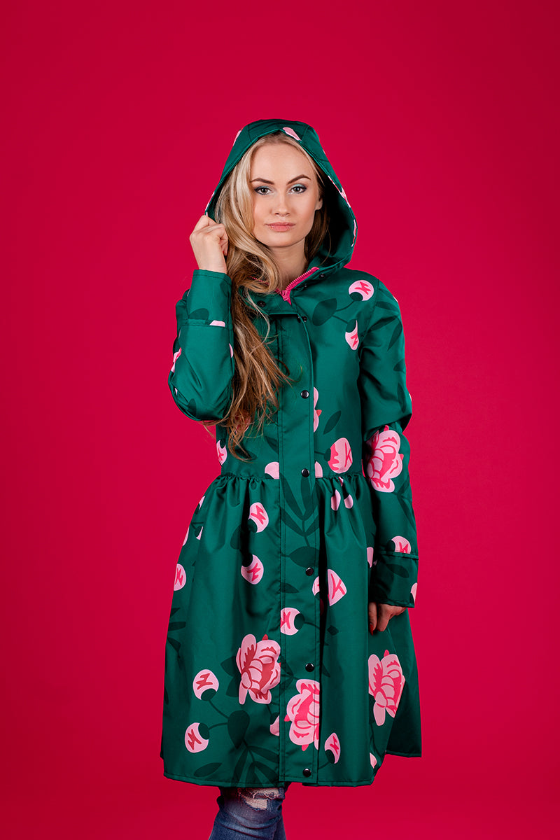 Dark Green raincoat with Peonies print / Dress cut