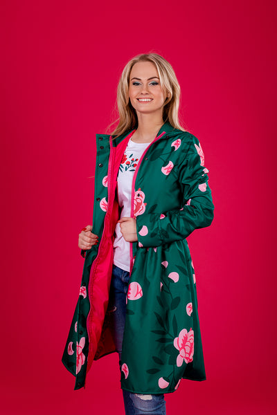 Dark Green raincoat with Peonies print / Dress cut