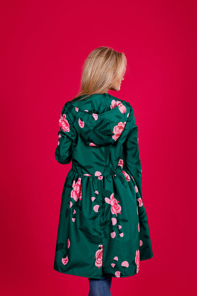 Dark Green raincoat with Peonies print / Dress cut