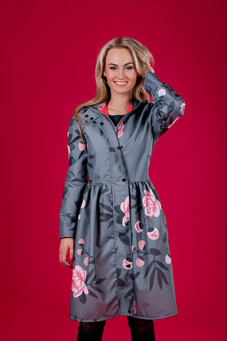 Gray raincoat with Peonies print / Dress cut