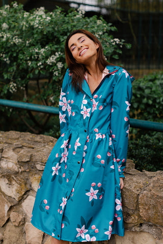 Teal raincoat with Apple Blossoms print