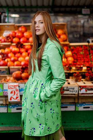 Light Green raincoat with Cyclamen printed skirt / Dress cut