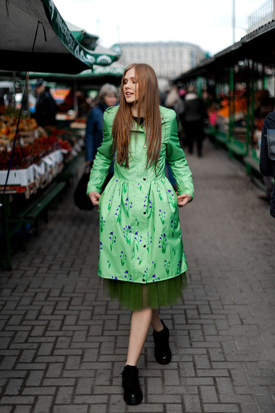 Light Green raincoat with Cyclamen printed skirt / Dress cut