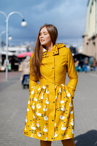 Mustard raincoat with Swans printed skirt / Dress cut