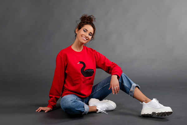 Fire Red Sweater with Black Swan embroidery