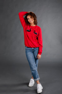 Fire Red Sweater with Black Swans embroidery