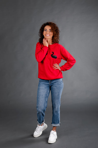 Fire Red Sweater with Black Swans embroidery