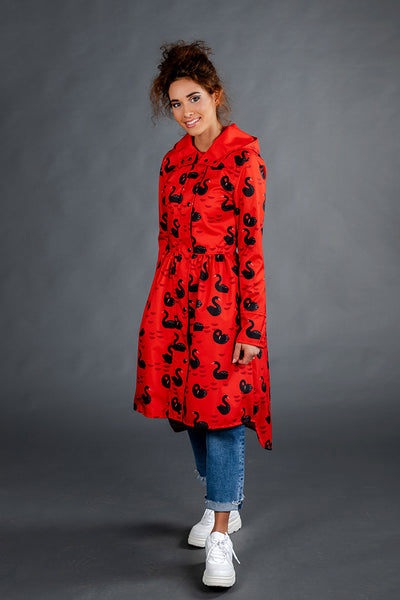 Red raincoat with Black Swans print  / Tale