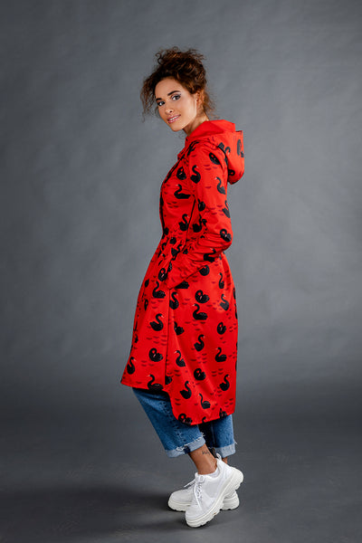 Red raincoat with Black Swans print  / Tale