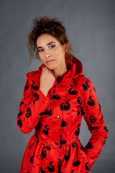 Red raincoat with Black Swans print  / Tale