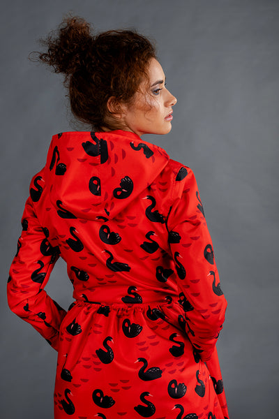 Red raincoat with Black Swans print  / Tale