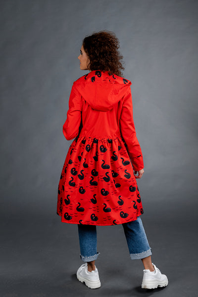 Red raincoat with Black Swans printed skirts /  Dress cut