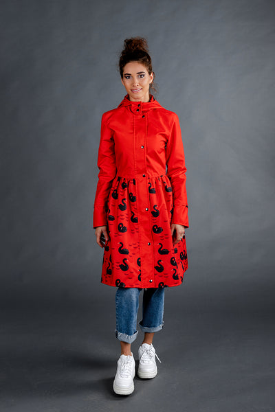 Red raincoat with Black Swans printed skirts /  Dress cut