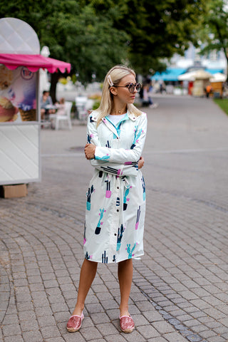 White Softshell raincoat with Cactus print / Long skirt