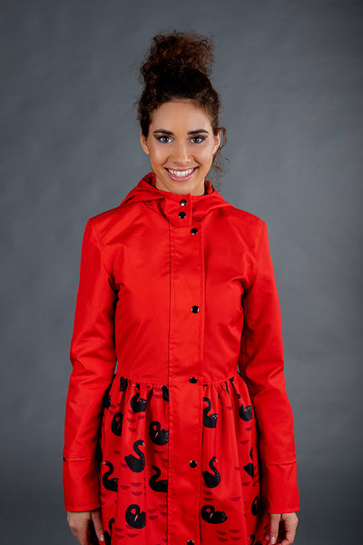 Red raincoat with Black Swans printed skirts /  Dress cut