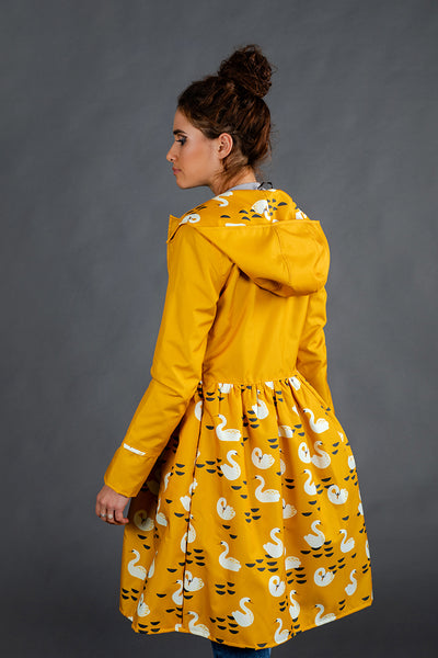 Mustard raincoat with Swans printed skirt / Dress cut