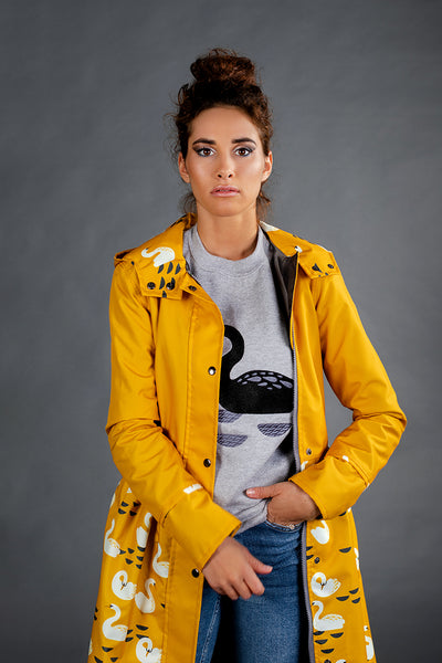 Mustard raincoat with Swans printed skirt / Dress cut