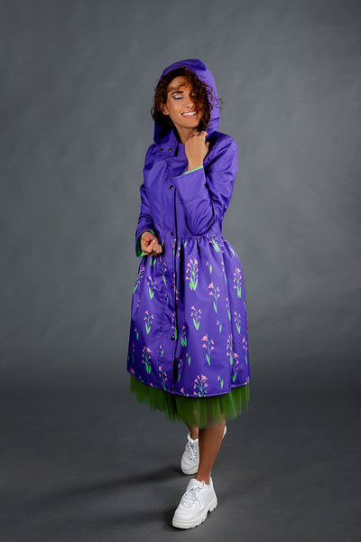 Purple raincoat with Cyclamen printed skirt / Dress cut